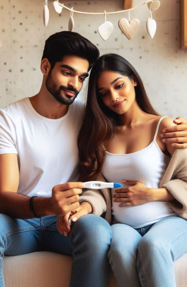 Joyful couple holding a positive pregnancy test, celebrating the success of fertility treatments at Wellness at Umra.