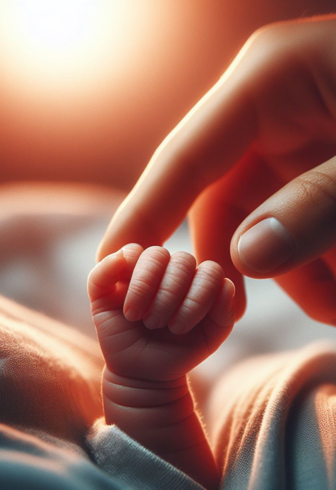 Newborn’s tiny finger clasped around a mother’s finger, symbolizing the beginning of life’s journey.